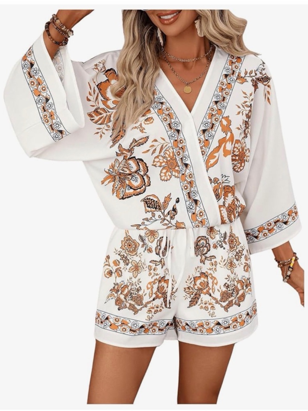 New Amazon White/Brown Floral Print Women's Short Set, Size Large - Picture 3 of 14